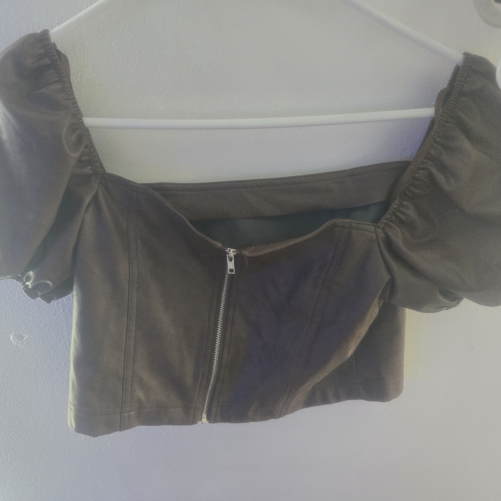Brown Puff Sleeve Crop Top